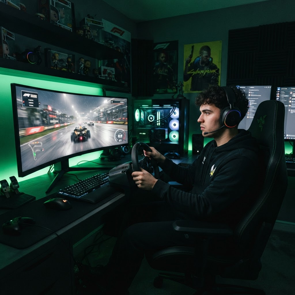Gamer jogando no computador com headset